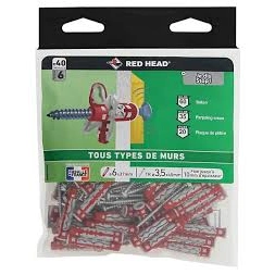 Cheville frapex 6 x 37mm + vis TR 4 x 45mmm 40 unités- RED HEAD