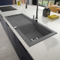 Evier à encastrer composite Vague noir 1,5 cuves + égouttoir - CAREA